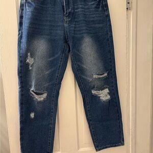 SHEIN Women's Blue Distressed Straight Leg Jeans